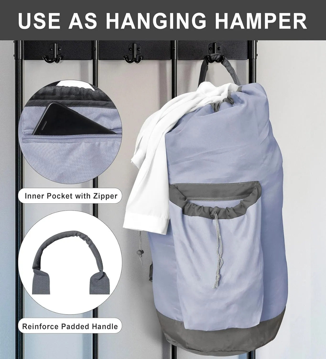 Laundry Bag Extra Large Heavy Duty, Laundry Backpack for College students, Travel Laundry Bags with Adjustable Strap, Dirty Clothes Hamper, College Dorm Room Essentials (Grey)