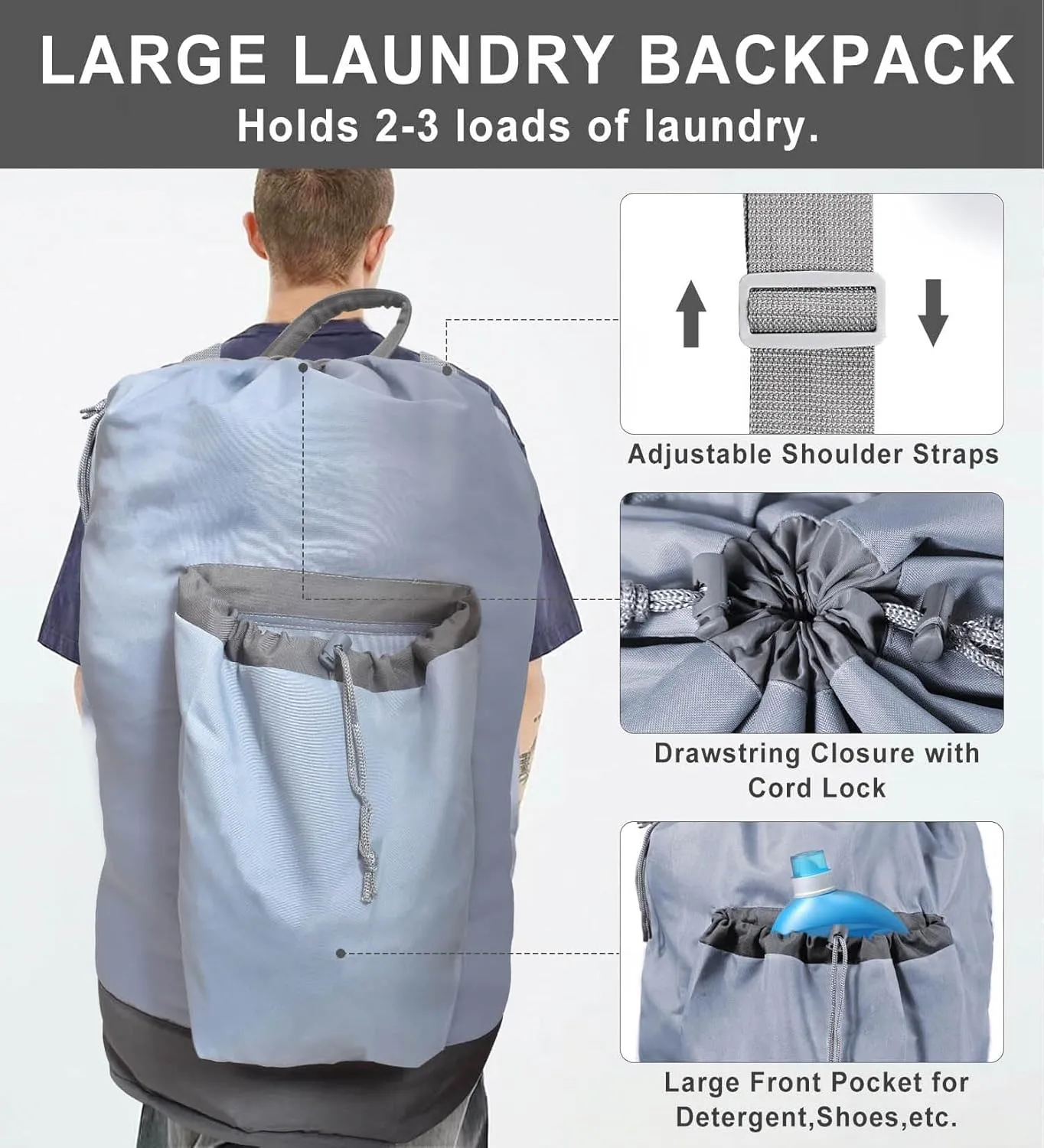 Laundry Bag Extra Large Heavy Duty, Laundry Backpack for College students, Travel Laundry Bags with Adjustable Strap, Dirty Clothes Hamper, College Dorm Room Essentials (Grey)
