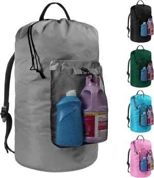 Laundry Bag with Shoulder Straps and Mesh Pocket Laundry Backpack Large Portable Laundry Hamper for College Laundromat Apartment (Gray)