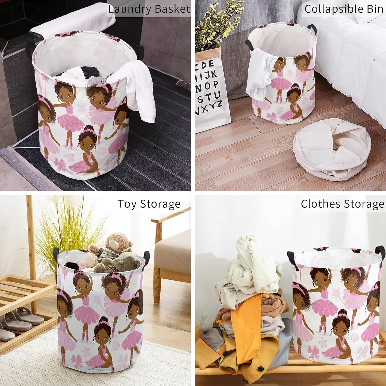 Laundry Basket African Black Girl Ballet Dance,Waterproof Collapsible Clothes Hamper Pink Skirt Star Bow,Large Storage Bag for Bedroom Bathroom