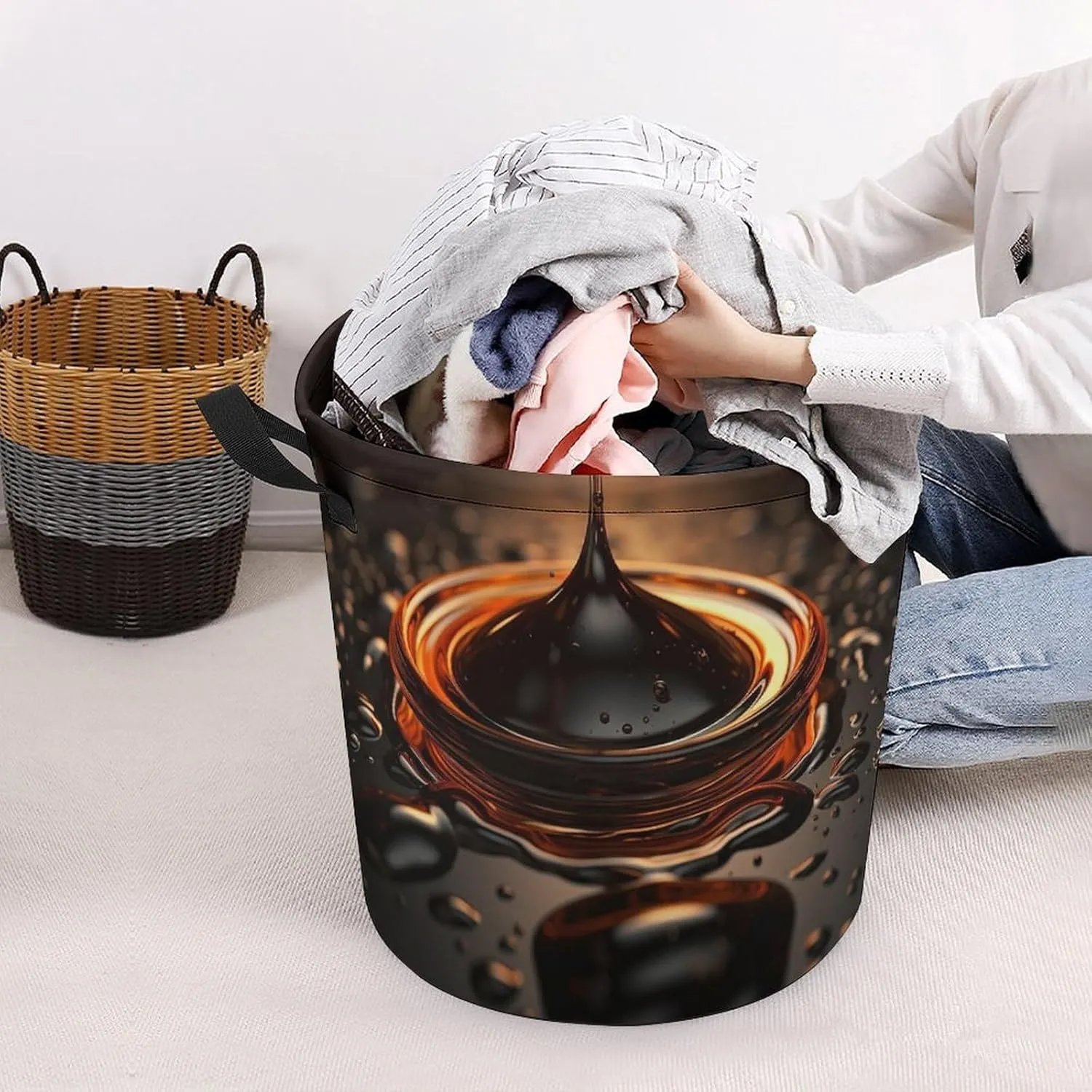 Laundry Basket Freestanding Laundry Hamper Orange Water Droplets Laundry Baskets Dirty Clothes Hamper for Laundry Circular Storage Basket Collapsible Storage Bag for Bedroom