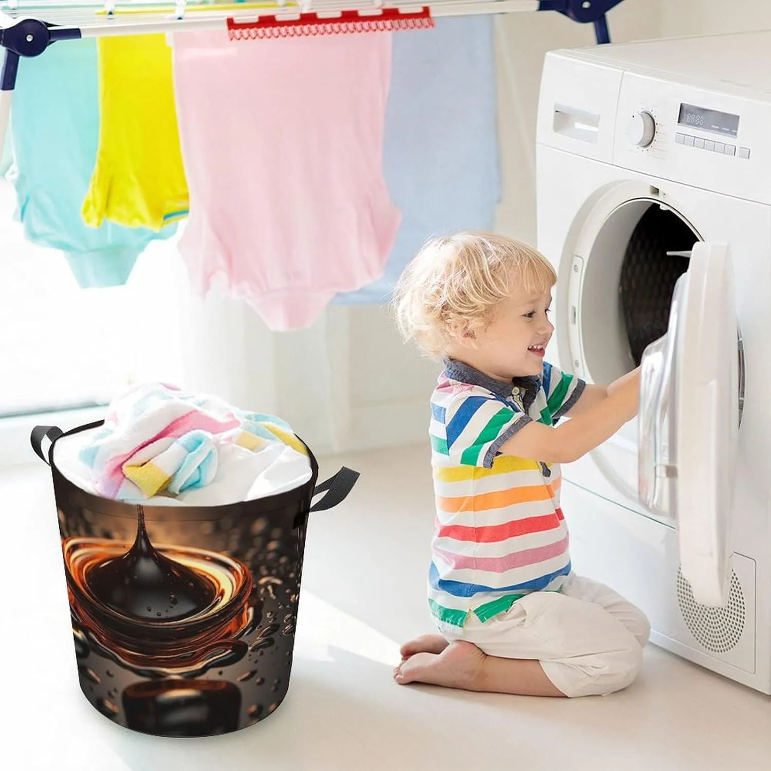 Laundry Basket Freestanding Laundry Hamper Orange Water Droplets Laundry Baskets Dirty Clothes Hamper for Laundry Circular Storage Basket Collapsible Storage Bag for Bedroom