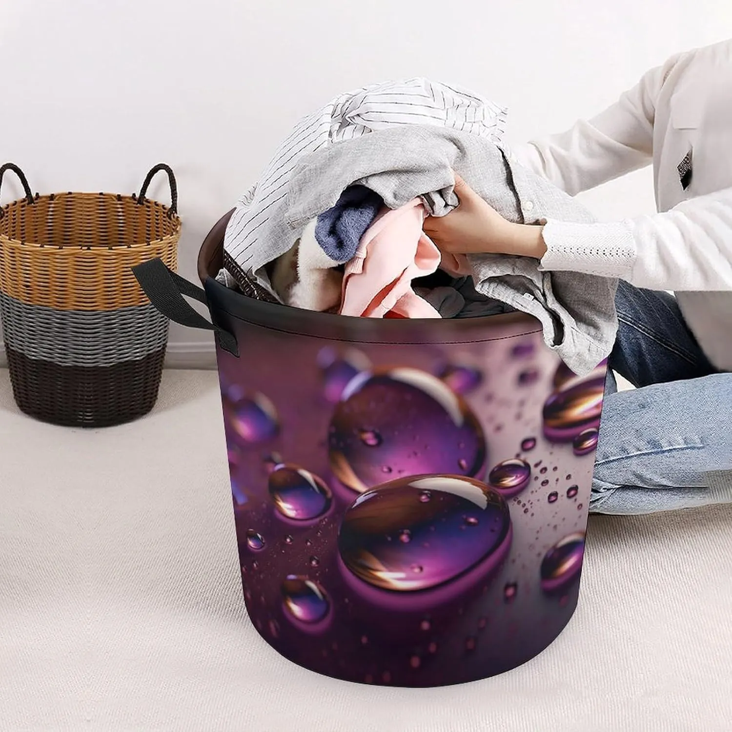 Laundry Basket Freestanding Laundry Hamper Purple Water Droplets Laundry Baskets Dirty Clothes Hamper for Laundry Circular Storage Basket Collapsible Storage Bag for Bedroom