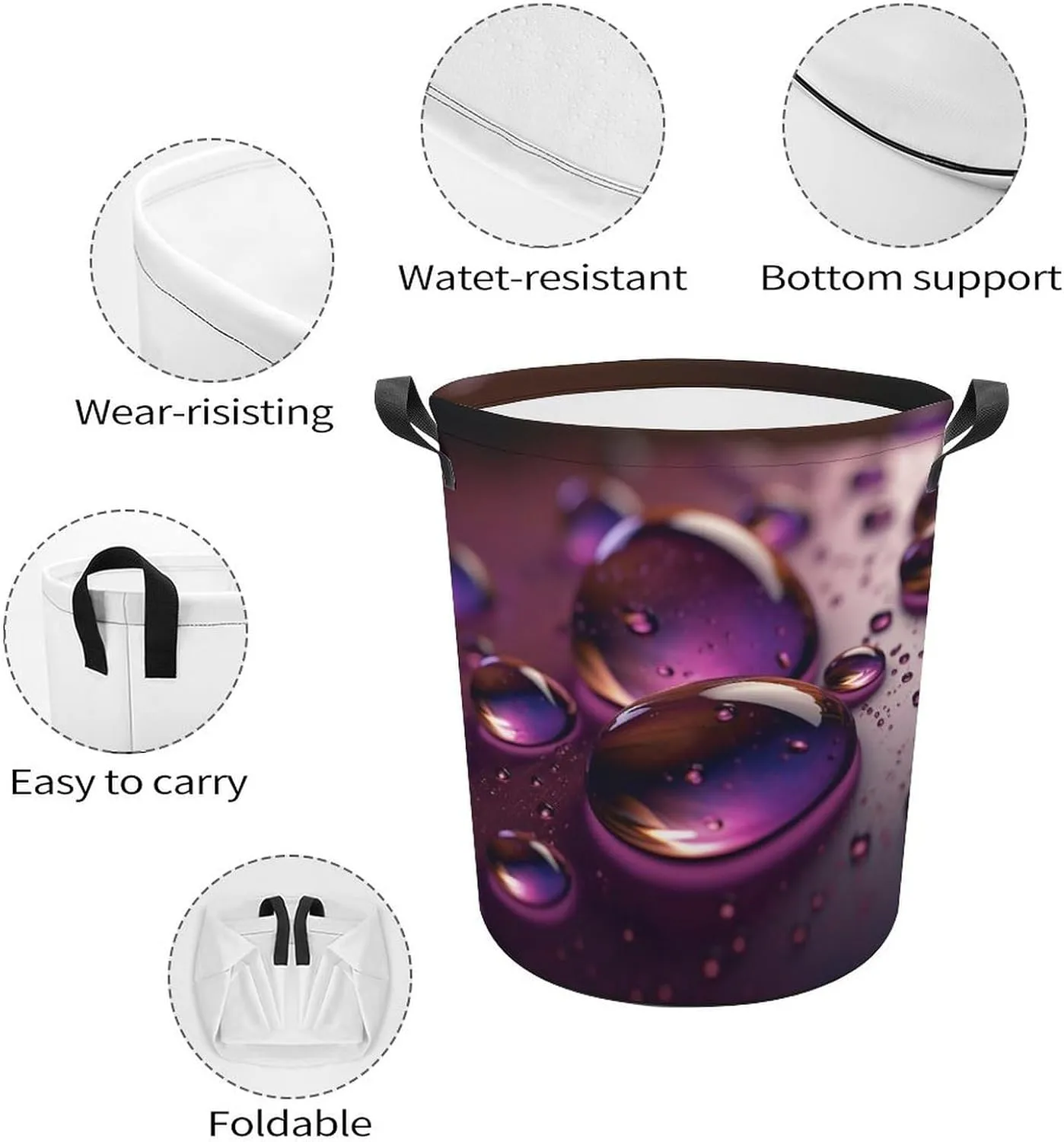 Laundry Basket Freestanding Laundry Hamper Purple Water Droplets Laundry Baskets Dirty Clothes Hamper for Laundry Circular Storage Basket Collapsible Storage Bag for Bedroom