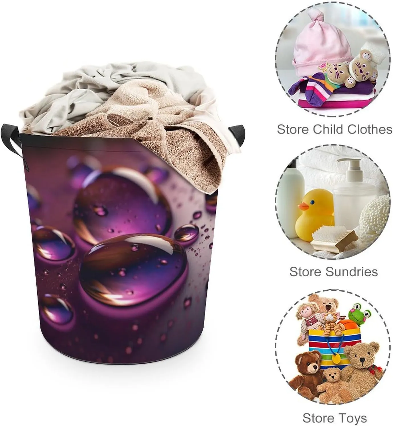 Laundry Basket Freestanding Laundry Hamper Purple Water Droplets Laundry Baskets Dirty Clothes Hamper for Laundry Circular Storage Basket Collapsible Storage Bag for Bedroom