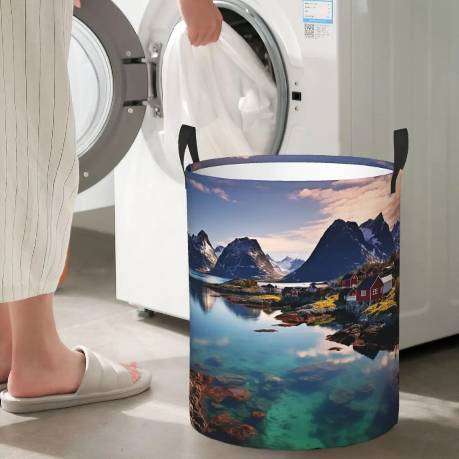 Laundry Basket Hamper with Handles Large Laundry Hamper Collapsible Laundry Bag Norway Islands Round Storage Bin Modern Storage Basket for Toys Bin Pillows Blankets Clothe