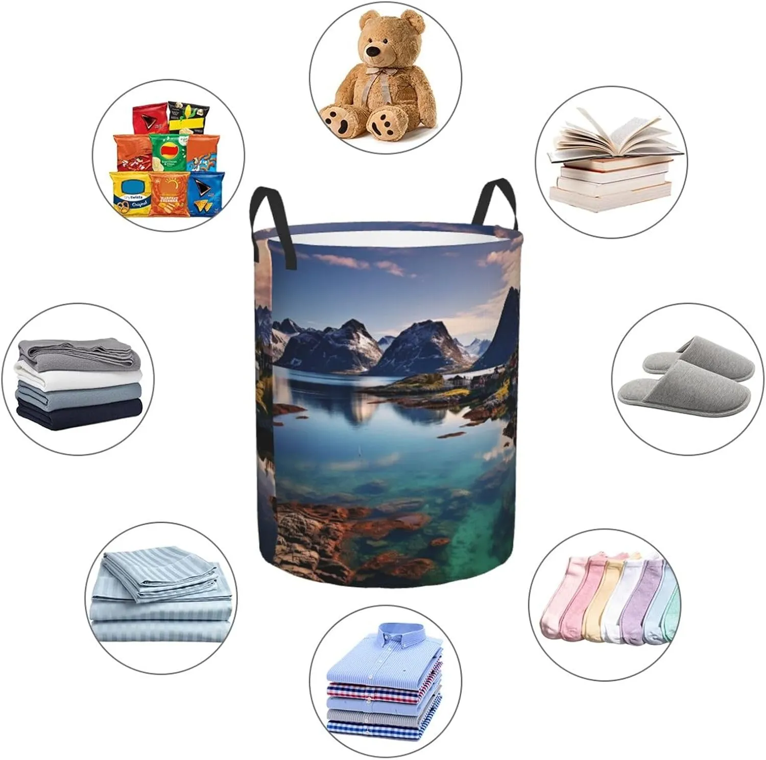 Laundry Basket Hamper with Handles Large Laundry Hamper Collapsible Laundry Bag Norway Islands Round Storage Bin Modern Storage Basket for Toys Bin Pillows Blankets Clothe