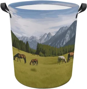 Laundry Basket Mountain Pasture Grazing Horses Printed Laundry Bag Laundry Hamper Foldable Laundry Basket Storage Basket for Bathroom