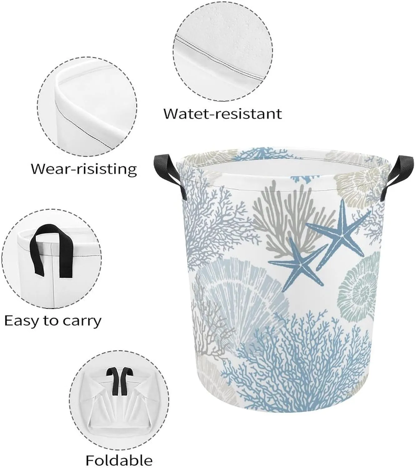 Laundry Basket Ocean Coastal Coral Starfish Seahorse,Waterproof Collapsible Clothes Hamper Blue Sealife Sea Shell,Large Storage Bag for Bedroom Bathroom