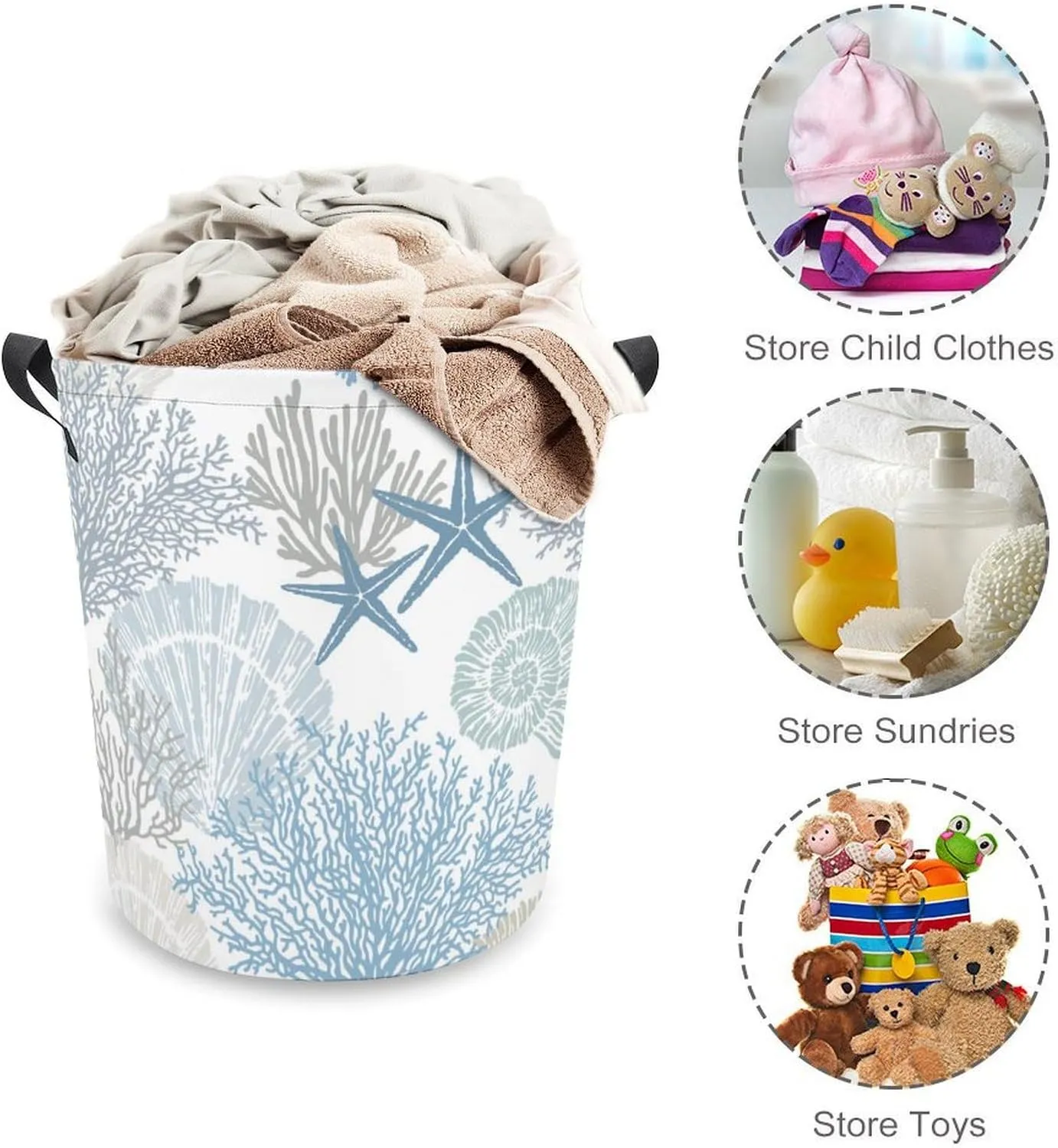 Laundry Basket Ocean Coastal Coral Starfish Seahorse,Waterproof Collapsible Clothes Hamper Blue Sealife Sea Shell,Large Storage Bag for Bedroom Bathroom