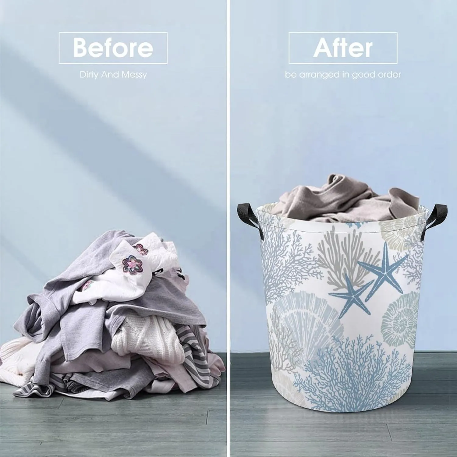 Laundry Basket Ocean Coastal Coral Starfish Seahorse,Waterproof Collapsible Clothes Hamper Blue Sealife Sea Shell,Large Storage Bag for Bedroom Bathroom