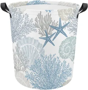 Laundry Basket Ocean Coastal Coral Starfish Seahorse,Waterproof Collapsible Clothes Hamper Blue Sealife Sea Shell,Large Storage Bag for Bedroom Bathroom