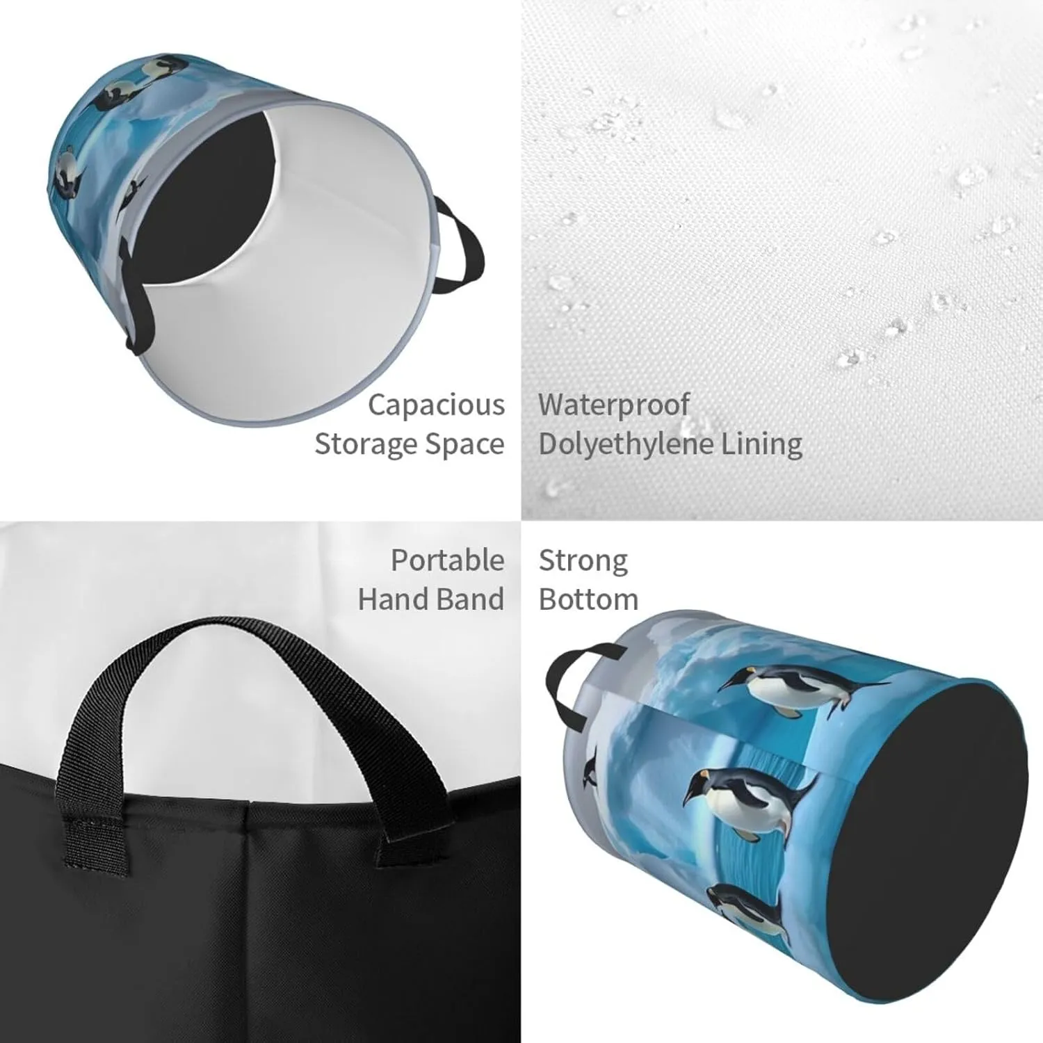 Laundry Basket Waterproof Foldable Laundry Hamper Lightweight Storage Bin Penguins On The Iceberg Clothes Toys Organizer Bag With Handles For Home Bathroom Bedroom Dorm
