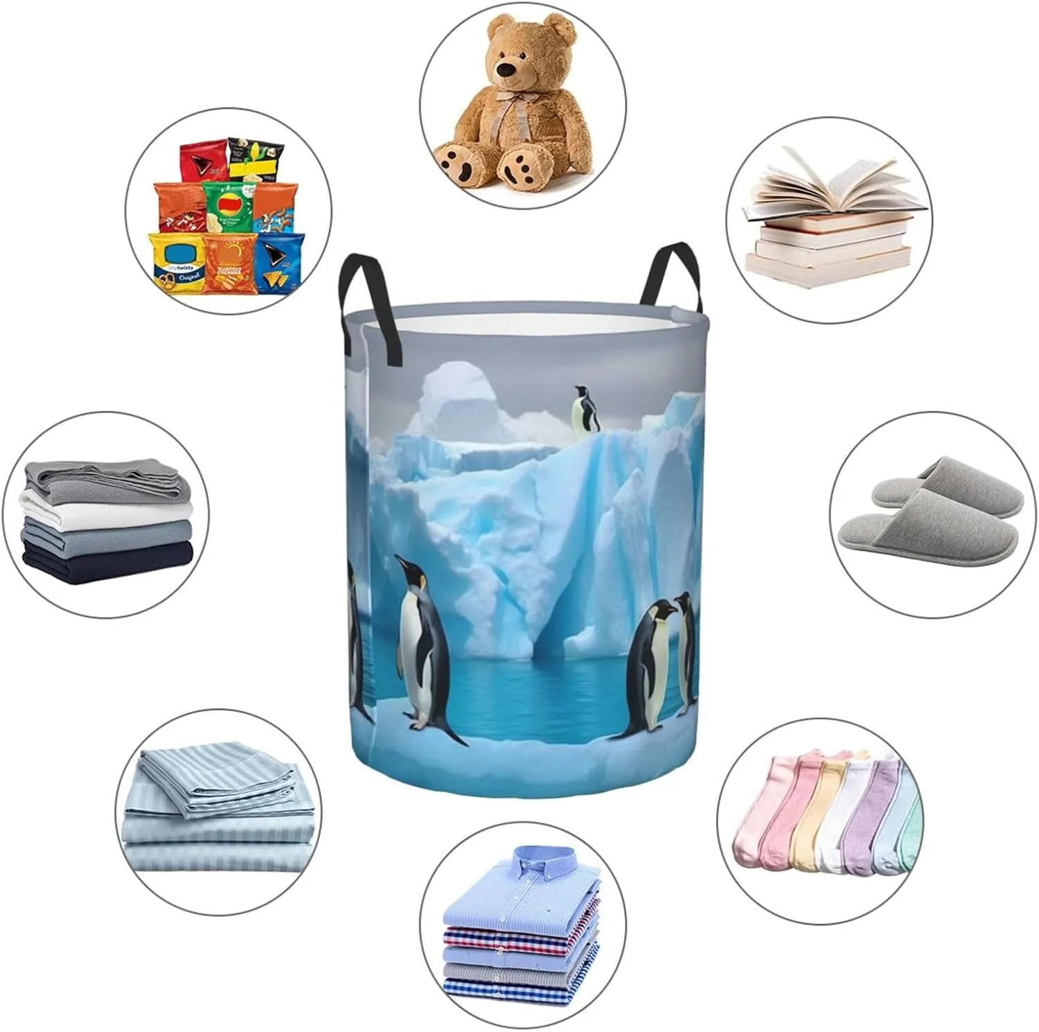 Laundry Basket Waterproof Foldable Laundry Hamper Lightweight Storage Bin Penguins On The Iceberg Clothes Toys Organizer Bag With Handles For Home Bathroom Bedroom Dorm