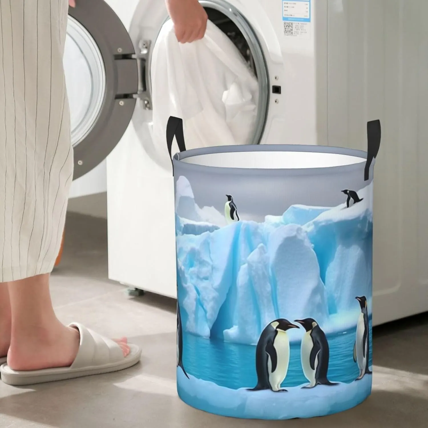 Laundry Basket Waterproof Foldable Laundry Hamper Lightweight Storage Bin Penguins On The Iceberg Clothes Toys Organizer Bag With Handles For Home Bathroom Bedroom Dorm