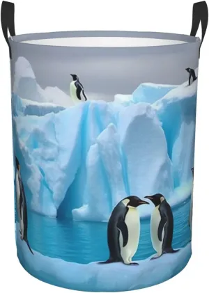 Laundry Basket Waterproof Foldable Laundry Hamper Lightweight Storage Bin Penguins On The Iceberg Clothes Toys Organizer Bag With Handles For Home Bathroom Bedroom Dorm