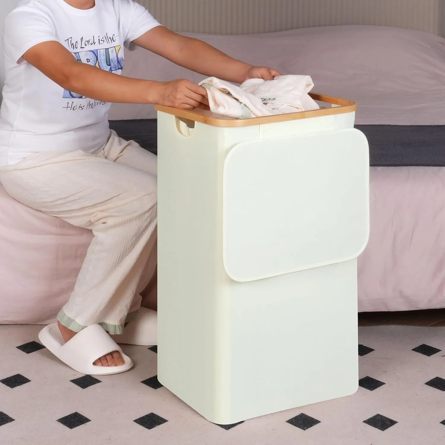 Laundry Basket with Lid and Removable Bag, 100L Tall Laundry Hamper with Bamboo Handles, Aesthetic Dirty Clothes Bin for Laundry Room, Bathroom, Bedroom and Dorm, Beige
