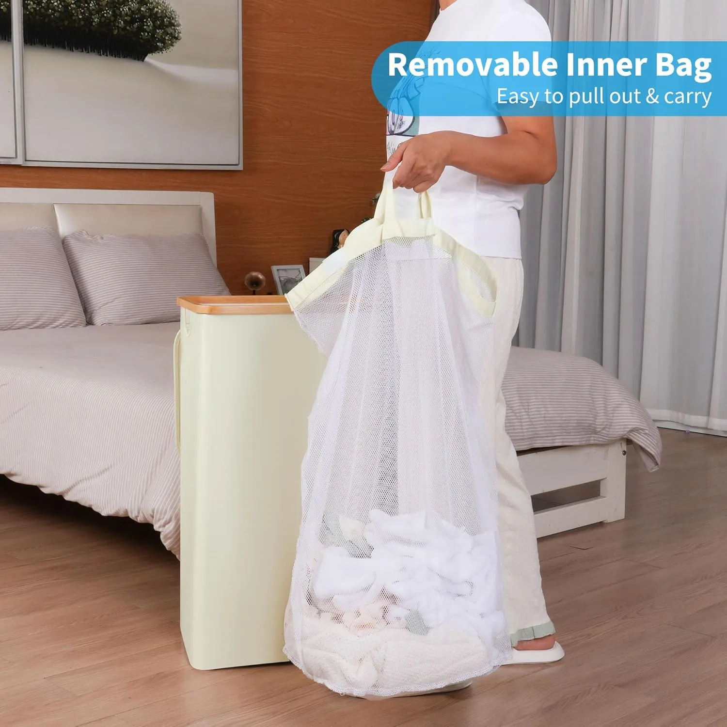 Laundry Basket with Lid and Removable Bag, 100L Tall Laundry Hamper with Bamboo Handles, Aesthetic Dirty Clothes Bin for Laundry Room, Bathroom, Bedroom and Dorm, Beige