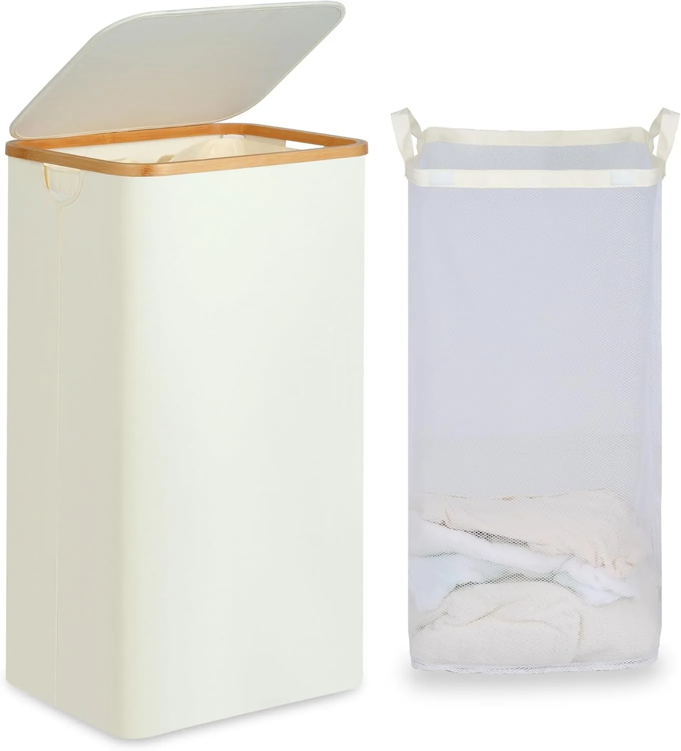 Laundry Basket with Lid and Removable Bag, 100L Tall Laundry Hamper with Bamboo Handles, Aesthetic Dirty Clothes Bin for Laundry Room, Bathroom, Bedroom and Dorm, Beige