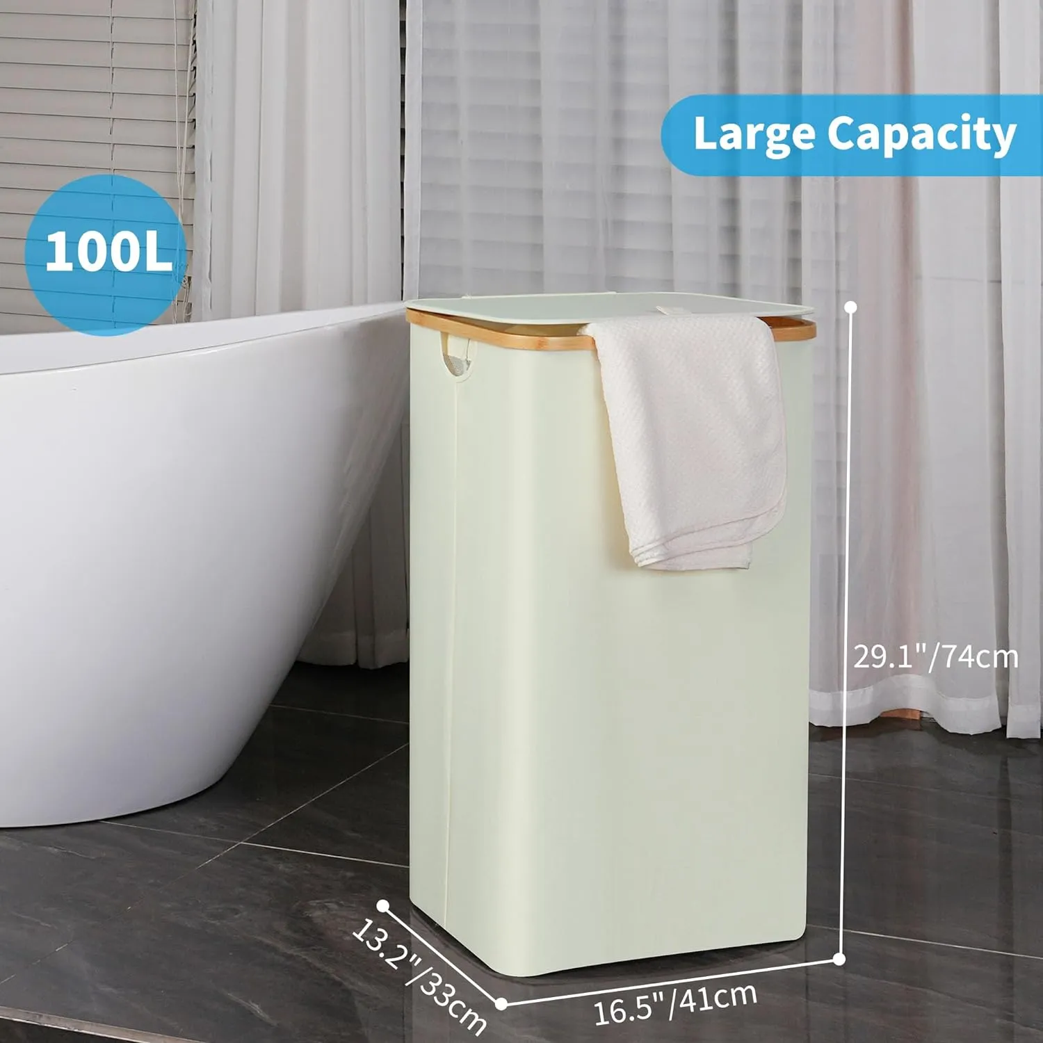 Laundry Basket with Lid and Removable Bag, 100L Tall Laundry Hamper with Bamboo Handles, Aesthetic Dirty Clothes Bin for Laundry Room, Bathroom, Bedroom and Dorm, Beige