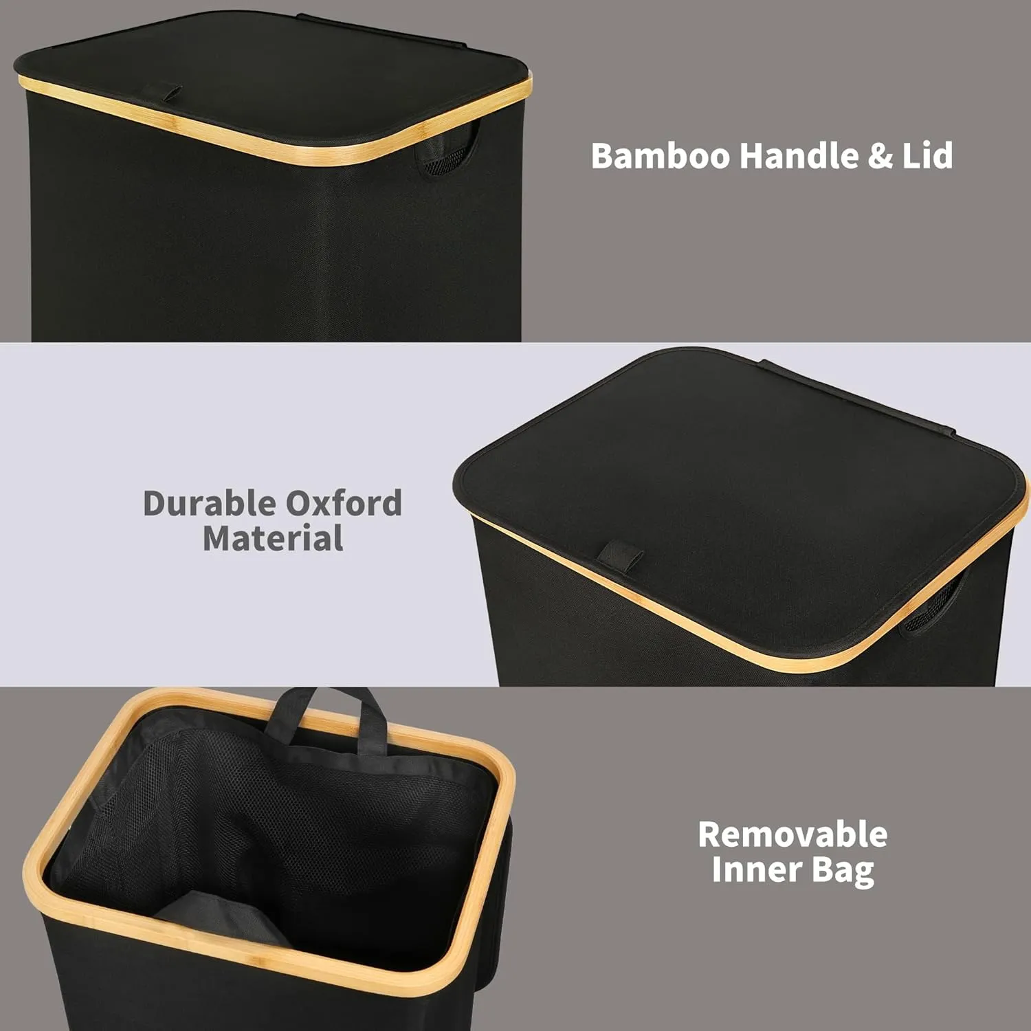Laundry Basket with Lid and Removable Bag, 100L Tall Laundry Hamper with Bamboo Handles, Aesthetic Dirty Clothes Bin for Laundry Room, Bathroom, Bedroom and Dorm, Black