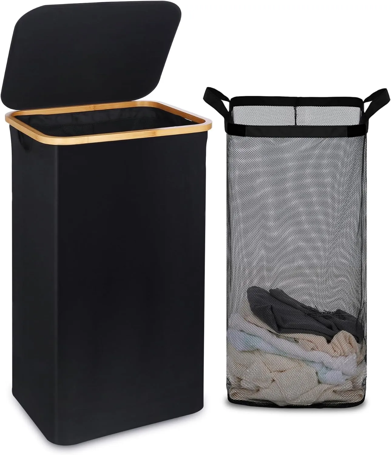 Laundry Basket with Lid and Removable Bag, 100L Tall Laundry Hamper with Bamboo Handles, Aesthetic Dirty Clothes Bin for Laundry Room, Bathroom, Bedroom and Dorm, Black