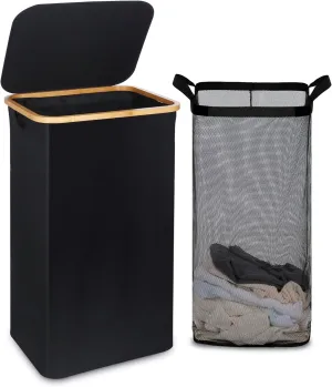 Laundry Basket with Lid and Removable Bag, 100L Tall Laundry Hamper with Bamboo Handles, Aesthetic Dirty Clothes Bin for Laundry Room, Bathroom, Bedroom and Dorm, Black