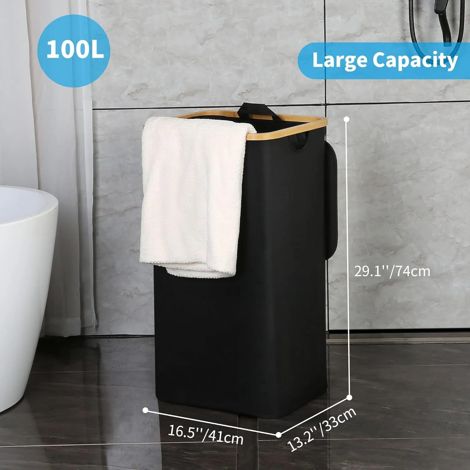 Laundry Basket with Lid and Removable Bag, 100L Tall Laundry Hamper with Bamboo Handles, Aesthetic Dirty Clothes Bin for Laundry Room, Bathroom, Bedroom and Dorm, Black