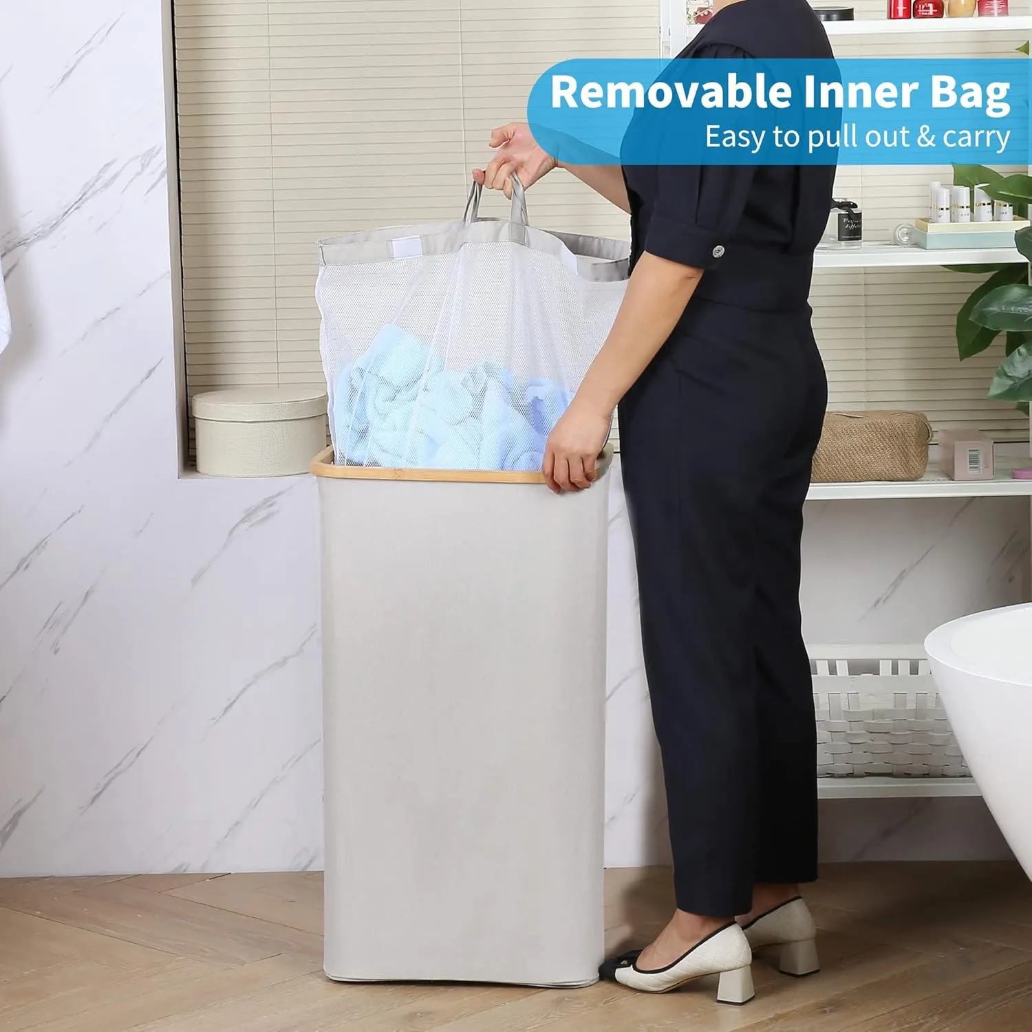Laundry Basket with Lid and Removable Bag, 100L Tall Laundry Hamper with Bamboo Handles, Aesthetic Dirty Clothes Bin for Laundry Room, Bathroom, Bedroom and Dorm, Light Grey