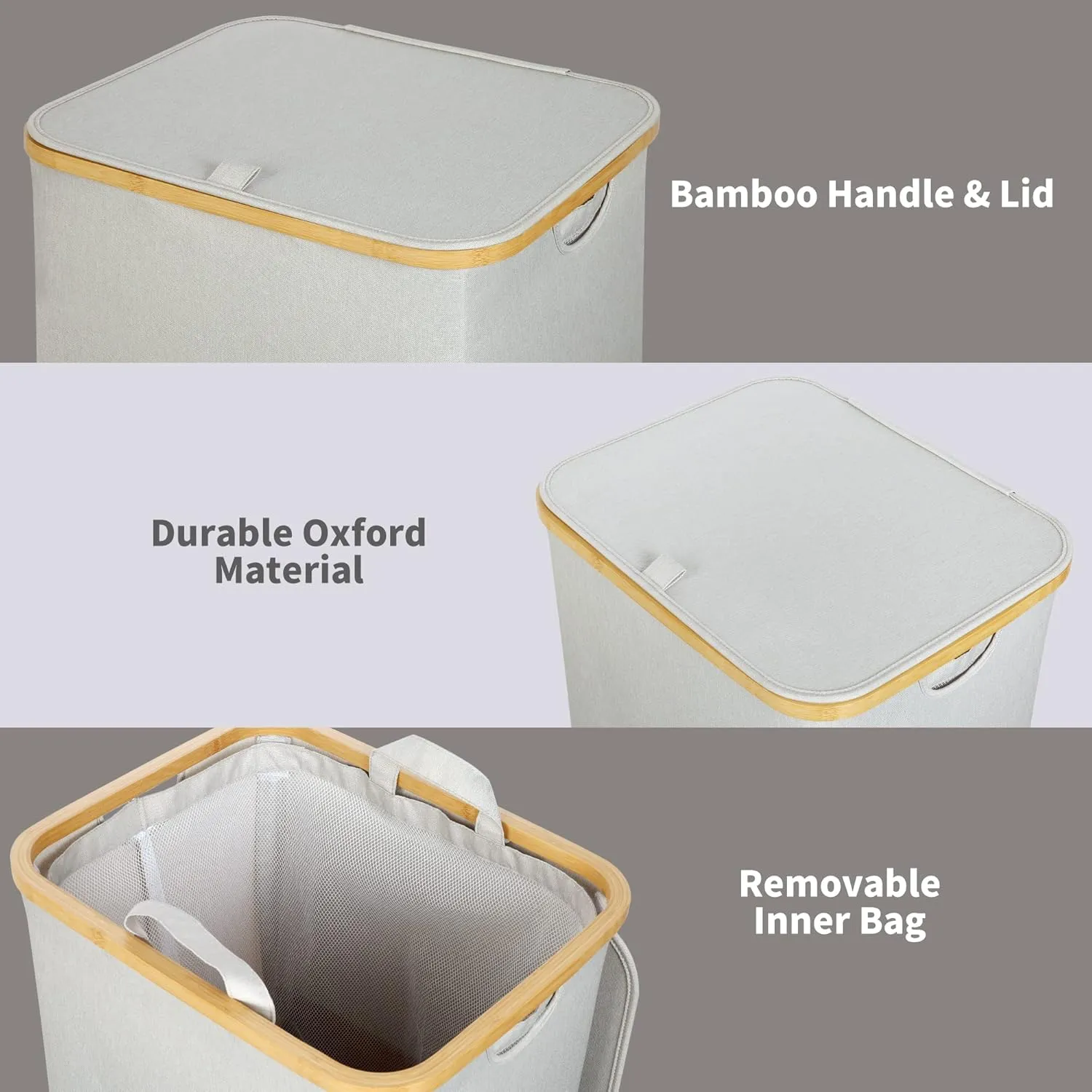 Laundry Basket with Lid and Removable Bag, 100L Tall Laundry Hamper with Bamboo Handles, Aesthetic Dirty Clothes Bin for Laundry Room, Bathroom, Bedroom and Dorm, Light Grey