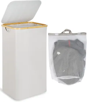 Laundry Basket with Lid and Removable Bag, 100L Tall Laundry Hamper with Bamboo Handles, Aesthetic Dirty Clothes Bin for Laundry Room, Bathroom, Bedroom and Dorm, Light Grey