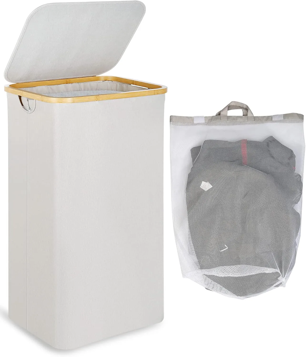 Laundry Basket with Lid and Removable Bag, 100L Tall Laundry Hamper with Bamboo Handles, Aesthetic Dirty Clothes Bin for Laundry Room, Bathroom, Bedroom and Dorm, Light Grey