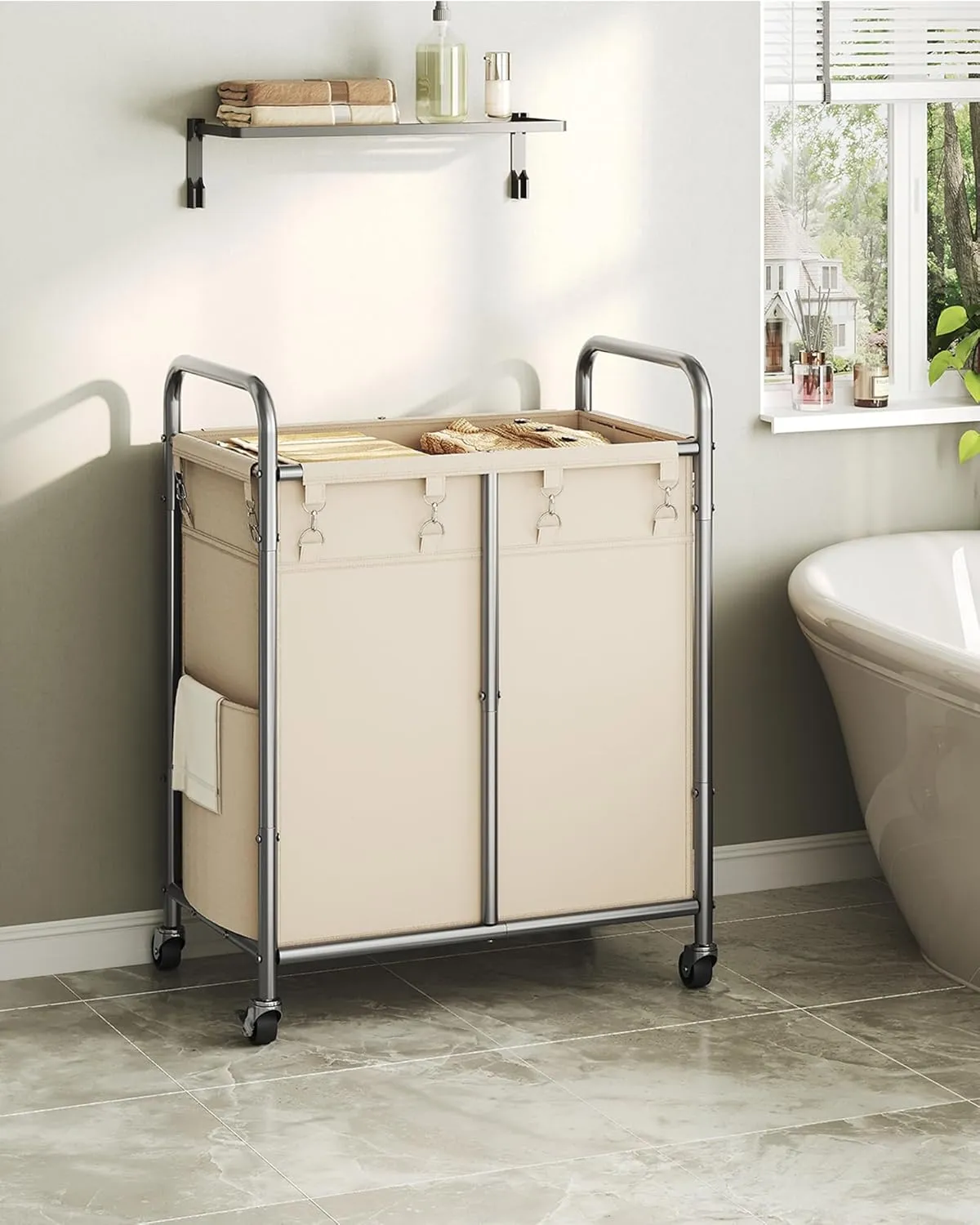 Laundry Basket with Wheels, 182 L Rolling Laundry Hamper, Laundry Sorter with Removable Bag and Side Pocket, for Laundry Room, Bathroom, Bedroom, Beige and Silver TXY06WM