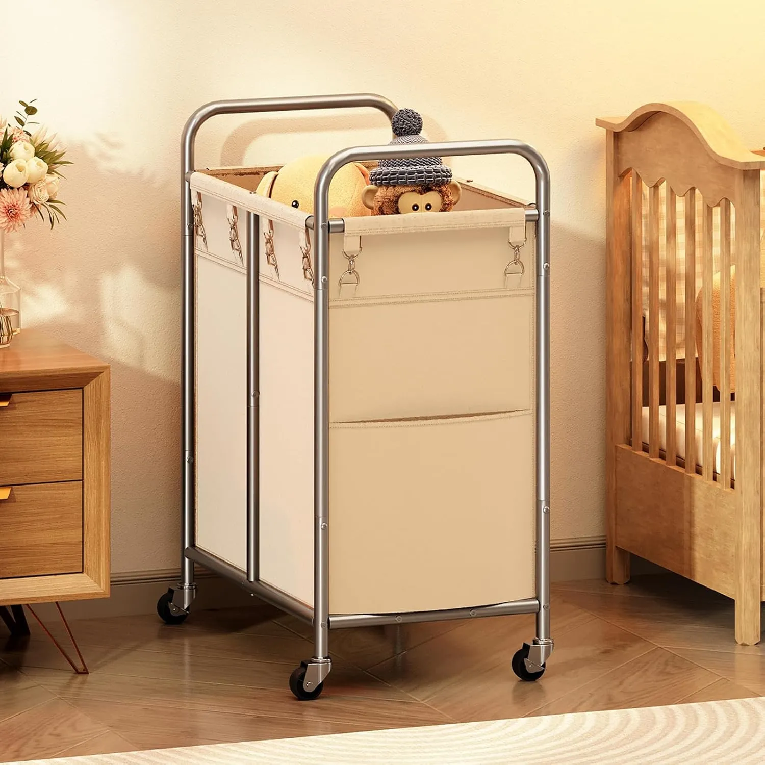 Laundry Basket with Wheels, 182 L Rolling Laundry Hamper, Laundry Sorter with Removable Bag and Side Pocket, for Laundry Room, Bathroom, Bedroom, Beige and Silver TXY06WM
