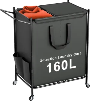 Laundry Basket with Wheels, 2-Section Rolling Laundry Hamper with Removable Liner, 42 Gallons (160L) Laundry Sorter Cart, Clothes Hamper Sturdy Metal Frame with Handle, Effortless Movement