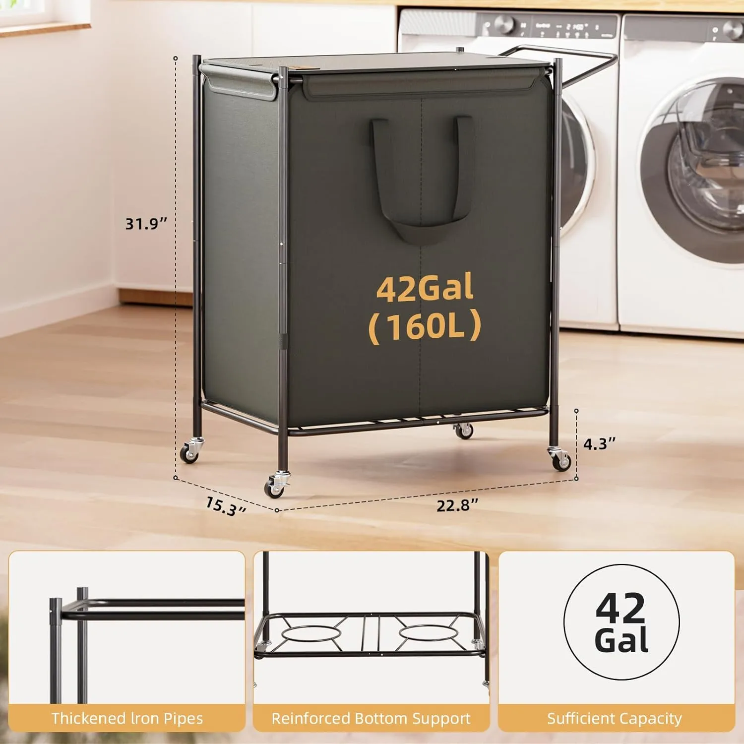 Laundry Basket with Wheels, 2-Section Rolling Laundry Hamper with Removable Liner, 42 Gallons (160L) Laundry Sorter Cart, Clothes Hamper Sturdy Metal Frame with Handle, Effortless Movement