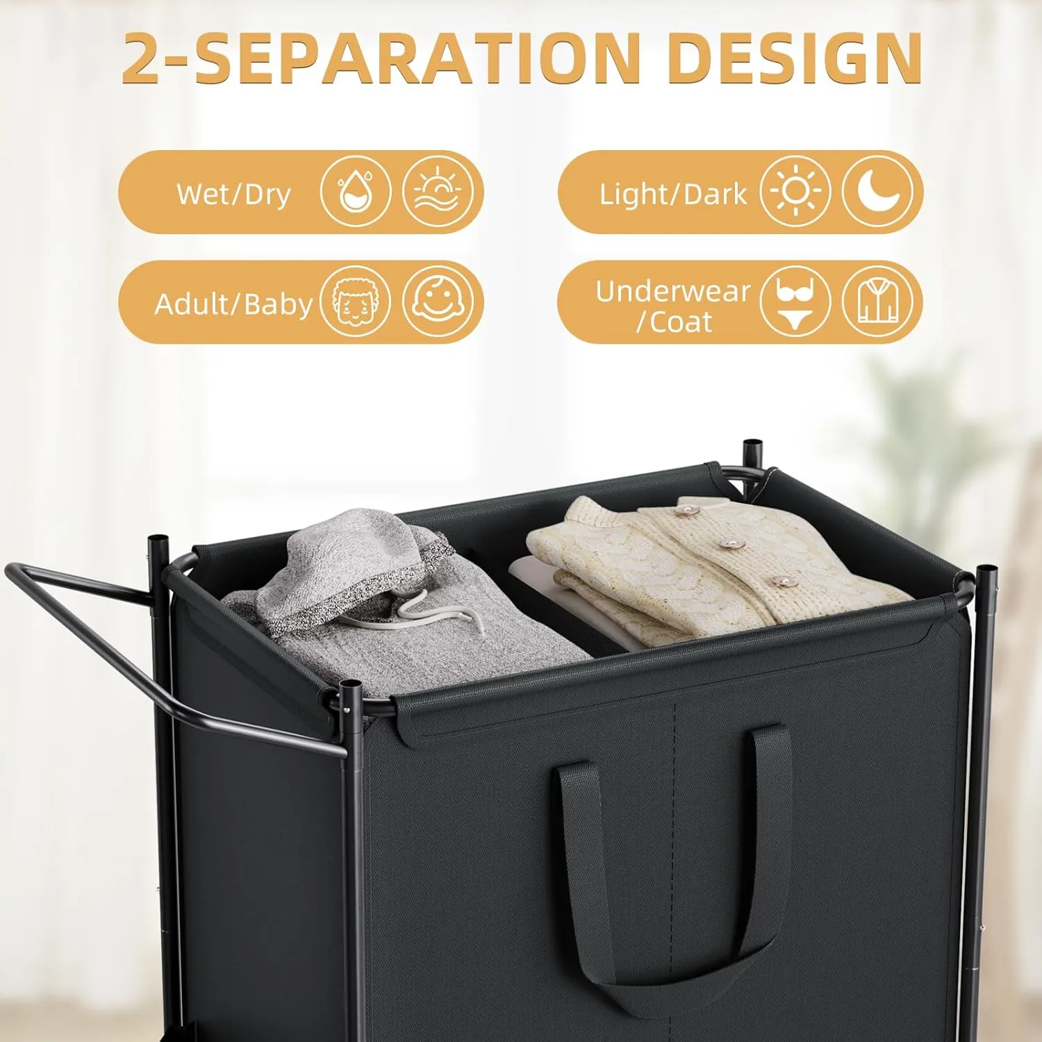 Laundry Basket with Wheels, 2-Section Rolling Laundry Hamper with Removable Liner, 42 Gallons (160L) Laundry Sorter Cart, Clothes Hamper Sturdy Metal Frame with Handle, Effortless Movement
