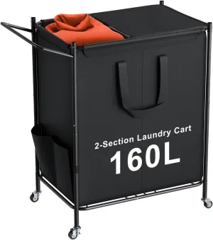 Laundry Basket with Wheels, 2-Section Rolling Laundry Hamper with Removable Liner, 42 Gallons (160L) Laundry Sorter Cart, Clothes Hamper Sturdy Metal Frame with Handle, Effortless Movement