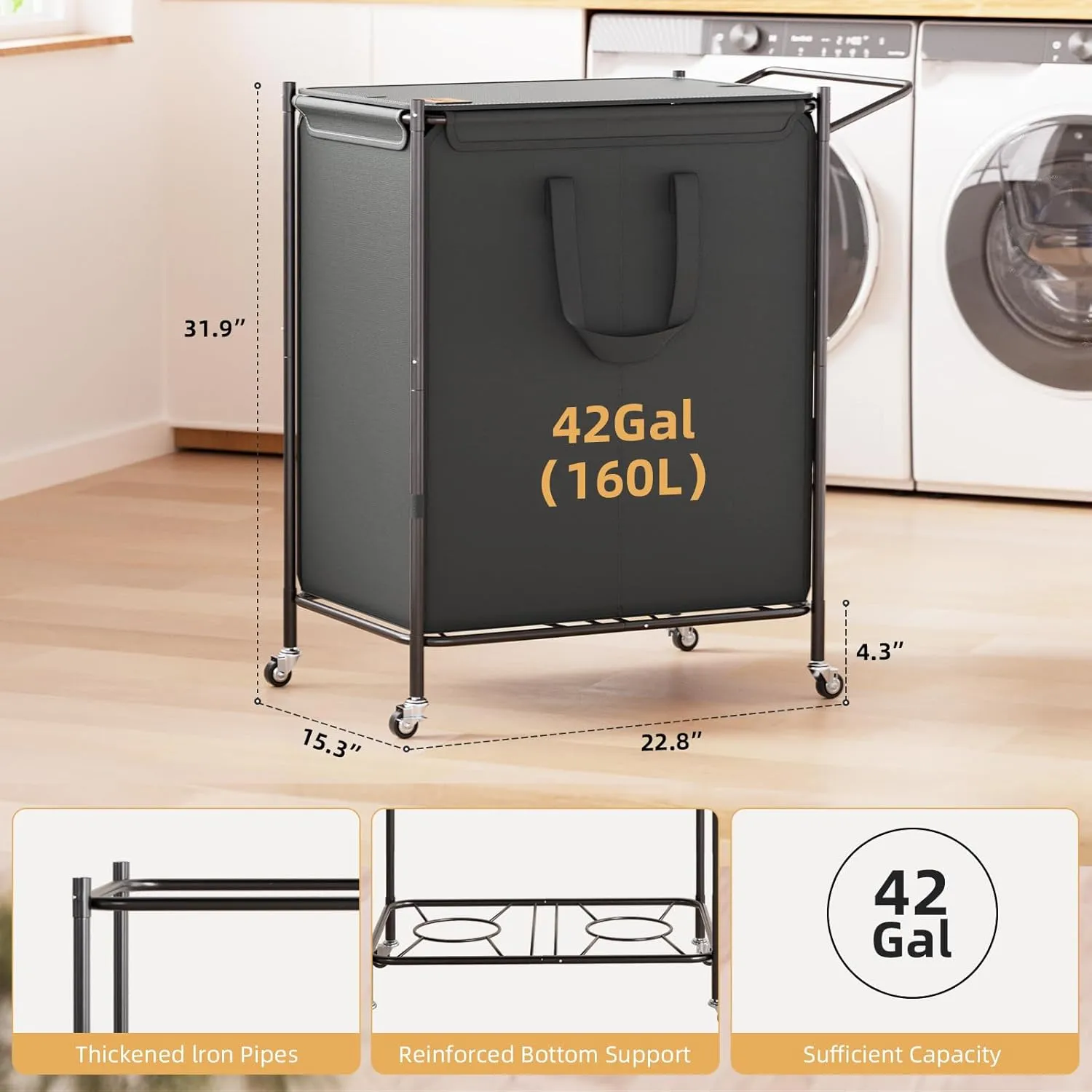Laundry Basket with Wheels, 2-Section Rolling Laundry Hamper with Removable Liner, 42 Gallons (160L) Laundry Sorter Cart, Clothes Hamper Sturdy Metal Frame with Handle, Effortless Movement