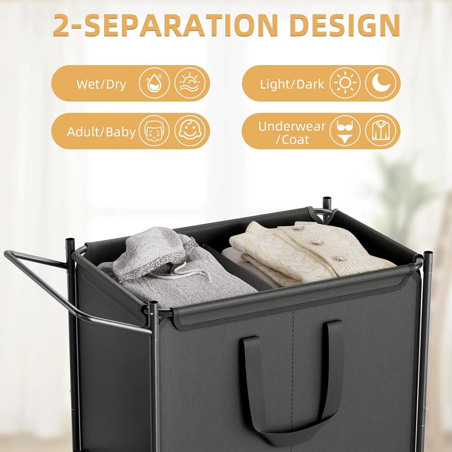 Laundry Basket with Wheels, 2-Section Rolling Laundry Hamper with Removable Liner, 42 Gallons (160L) Laundry Sorter Cart, Clothes Hamper Sturdy Metal Frame with Handle, Effortless Movement