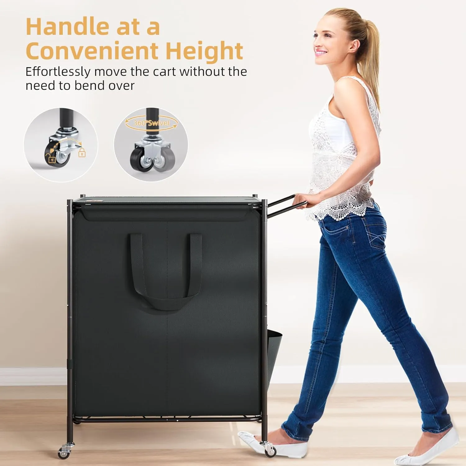 Laundry Basket with Wheels, 2-Section Rolling Laundry Hamper with Removable Liner, 42 Gallons (160L) Laundry Sorter Cart, Clothes Hamper Sturdy Metal Frame with Handle, Effortless Movement