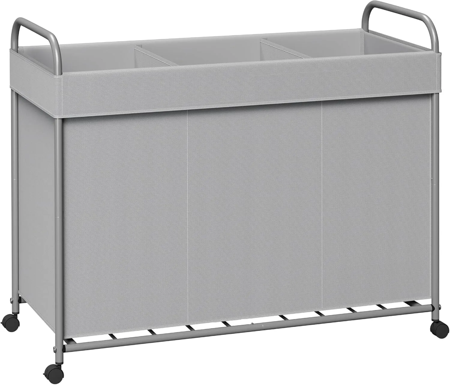 Laundry Basket with Wheels, 3-Section Rolling Laundry Hamper, Laundry Sorter with Removable Liner, Steel Frame with Handle, 29.1 x 13 x 25.2 Inches, Grey, LHC150G01