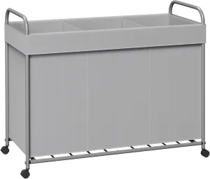 Laundry Basket with Wheels, 3-Section Rolling Laundry Hamper, Laundry Sorter with Removable Liner, Steel Frame with Handle, 29.1 x 13 x 25.2 Inches, Grey, LHC150G01