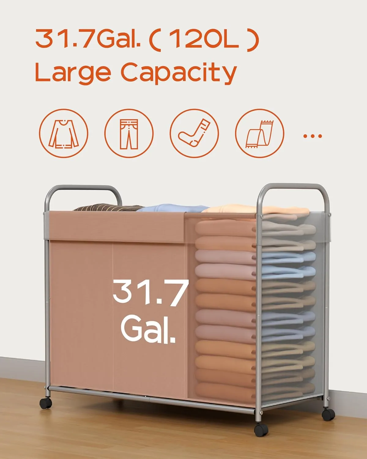 Laundry Basket with Wheels, 3-Section Rolling Laundry Hamper, Laundry Sorter with Removable Liner, Steel Frame with Handle, 29.1 x 13 x 25.2 Inches, Grey, LHC150G01