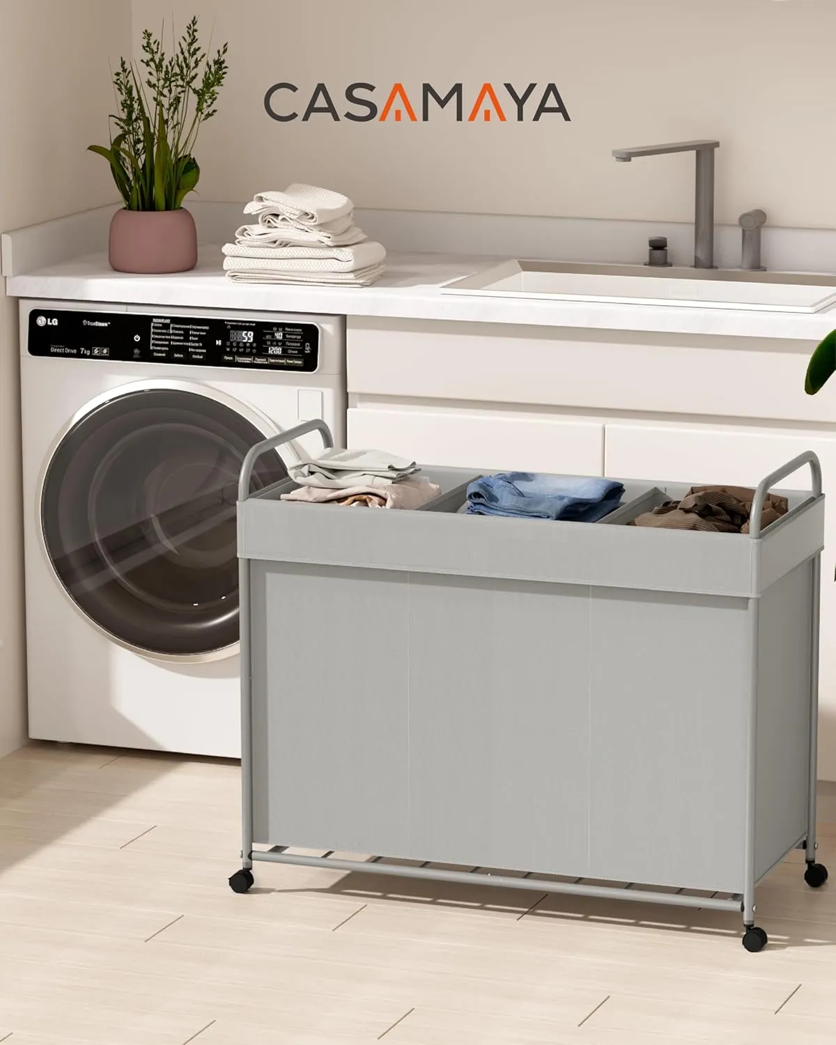 Laundry Basket with Wheels, 3-Section Rolling Laundry Hamper, Laundry Sorter with Removable Liner, Steel Frame with Handle, 29.1 x 13 x 25.2 Inches, Grey, LHC150G01