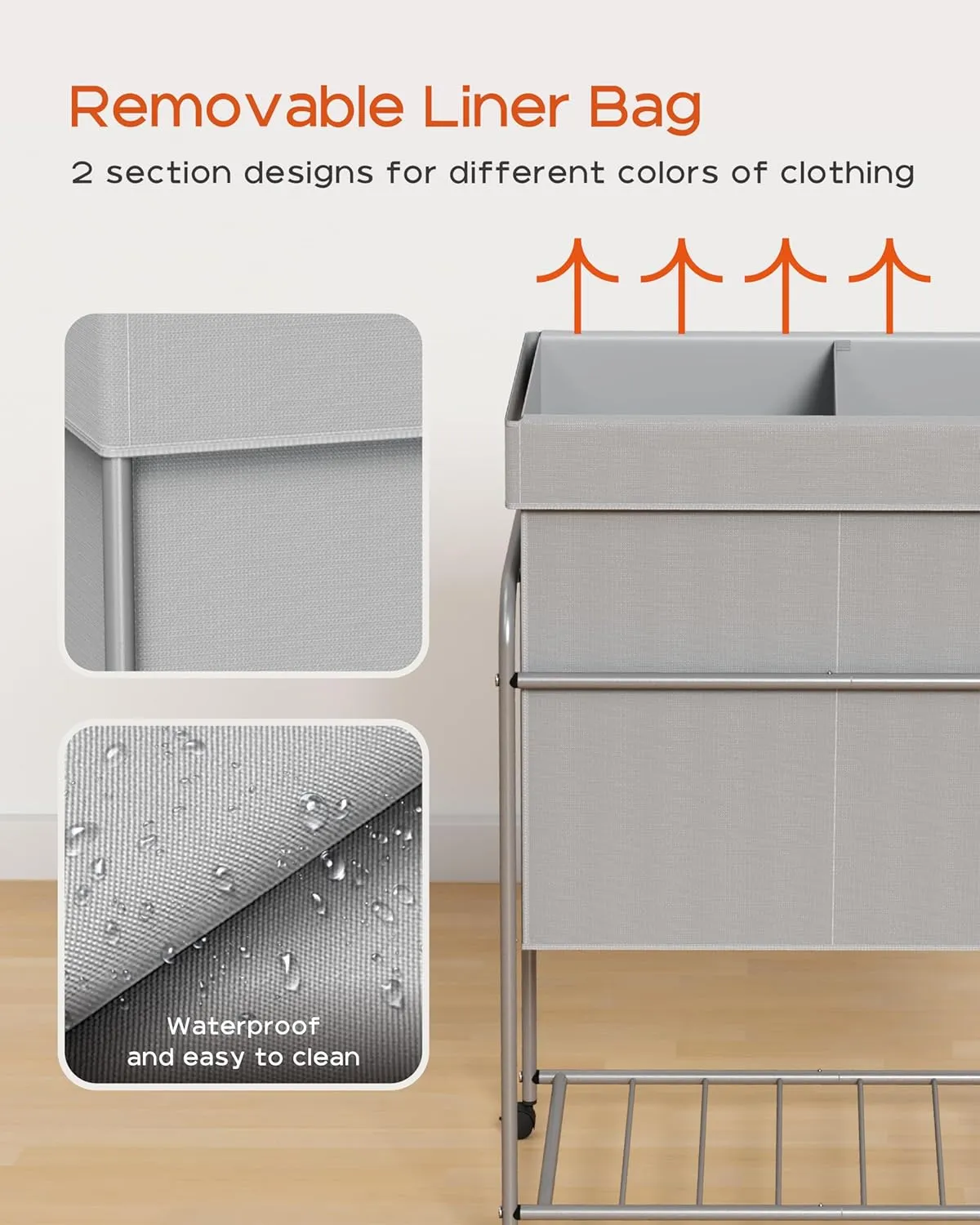 Laundry Basket with Wheels, 3-Section Rolling Laundry Hamper, Laundry Sorter with Removable Liner, Steel Frame with Handle, 29.1 x 13 x 25.2 Inches, Grey, LHC150G01