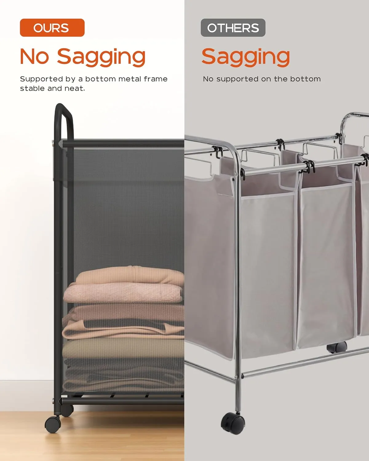 Laundry Basket with Wheels, 3-Section Rolling Laundry Hamper, Laundry Sorter with Removable Liner, Steel Frame with Handle, 29.1 x 13 x 25.2 Inches, Grey, LHC150G01