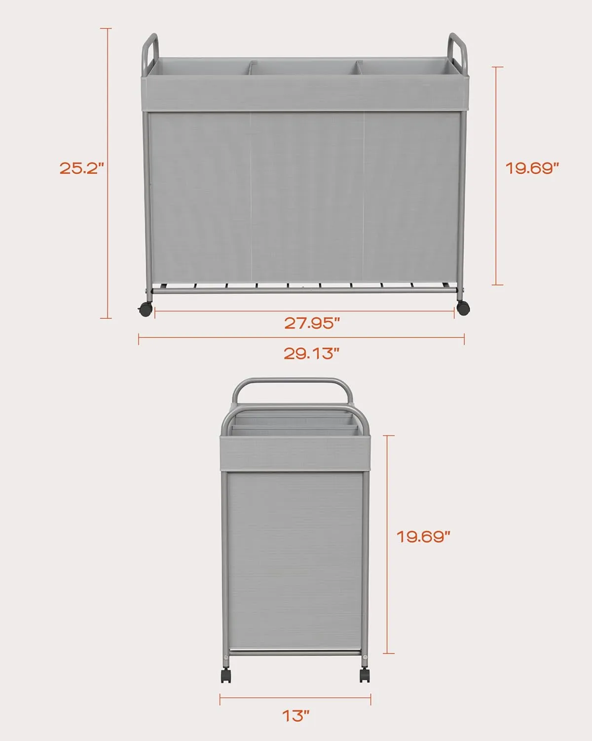 Laundry Basket with Wheels, 3-Section Rolling Laundry Hamper, Laundry Sorter with Removable Liner, Steel Frame with Handle, 29.1 x 13 x 25.2 Inches, Grey, LHC150G01
