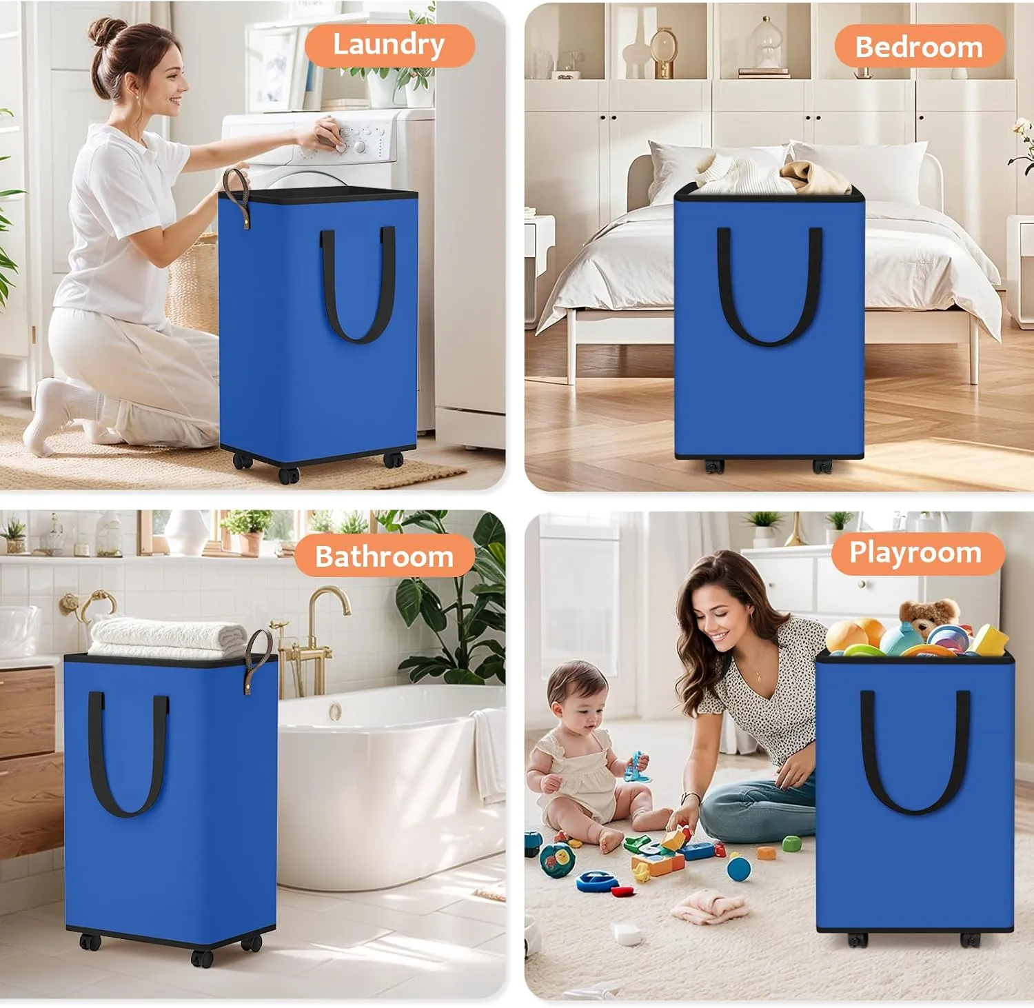 Laundry Basket with Wheels, Collapsible Laundry Baskets, Laundry Hamper with Handles Detachable Wheels, Rolling Laundry Basket, Dirty Clothes Hamper for Bathroom, Dorm, Bedroom, Blue, 80L