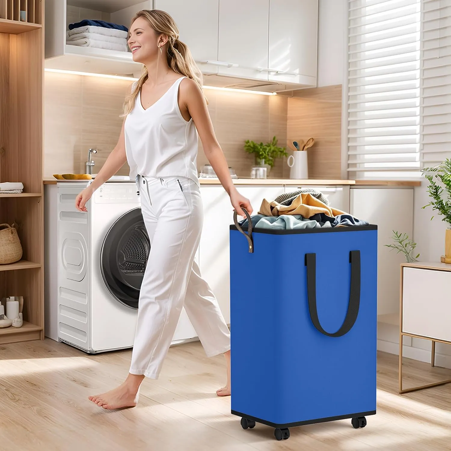 Laundry Basket with Wheels, Collapsible Laundry Baskets, Laundry Hamper with Handles Detachable Wheels, Rolling Laundry Basket, Dirty Clothes Hamper for Bathroom, Dorm, Bedroom, Blue, 80L